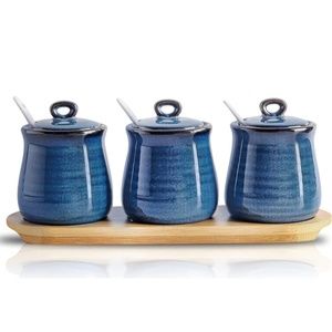 Hasense Porcelain Condiment 10oz Jar w/ Lid, Spoon and Bamboo Tray - Blue